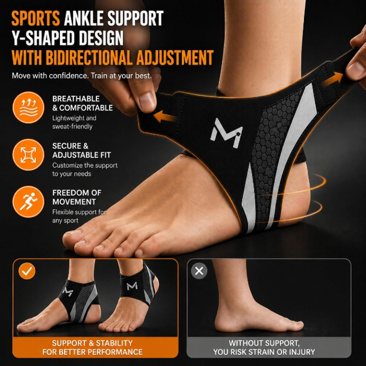 Y-shaped ankle brace being adjusted around the ankle