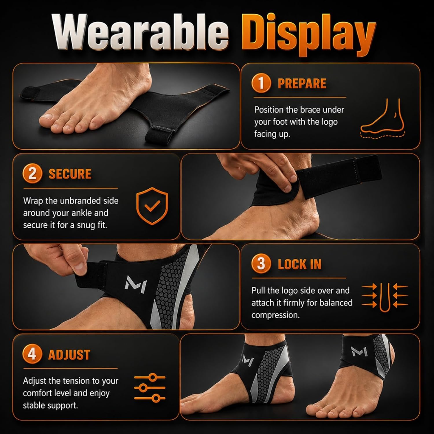 Step-by-step photos showing how to put on the ankle brace