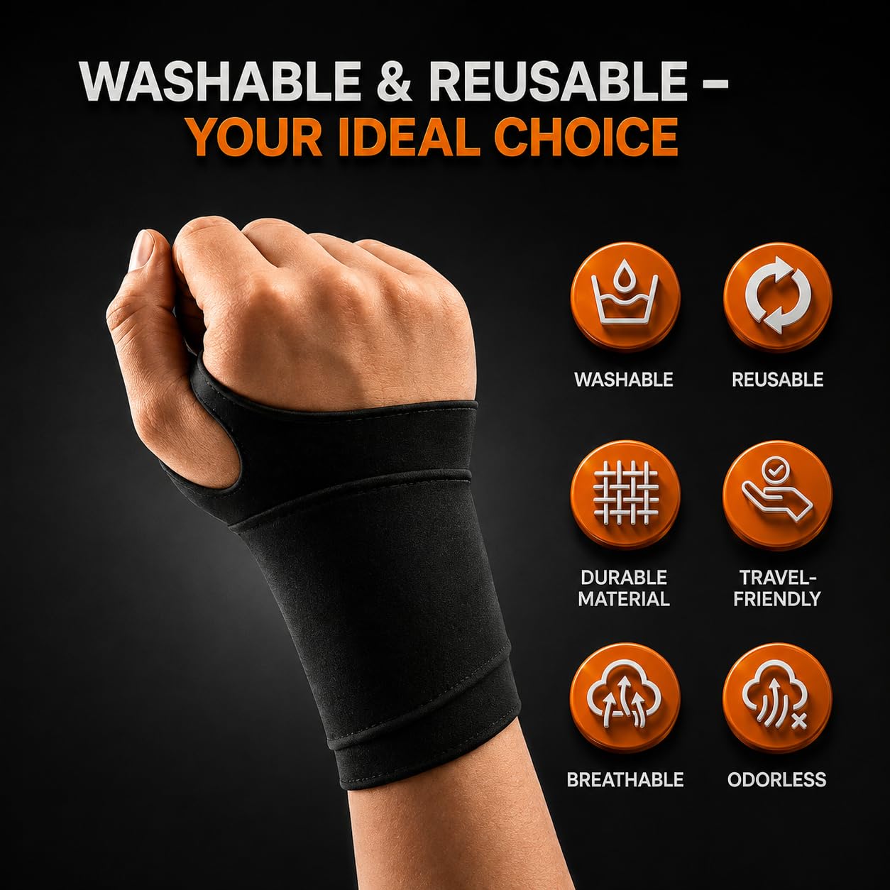 Black wrist wrap with thumb loop worn on a closed fist